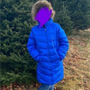 Lands' End Kids Bright Blue Puffer Jacket with Faux Fur Trim